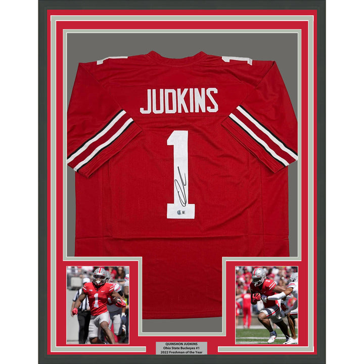 Framed Autographed/Signed Quinshon Judkins 35x39 Ohio State Red Jersey BAS COA