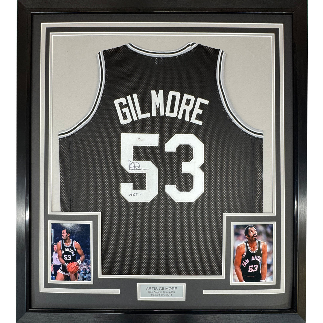 Framed Autographed/Signed Artis Gilmore HOF 11 33x42 Black Jersey JSA COA