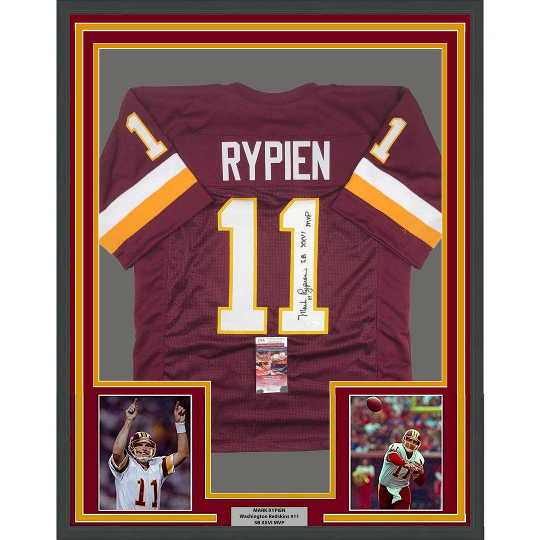 Framed Autographed/Signed Mark Rypien SB MVP 33x42 Washington Red Jersey JSA COA