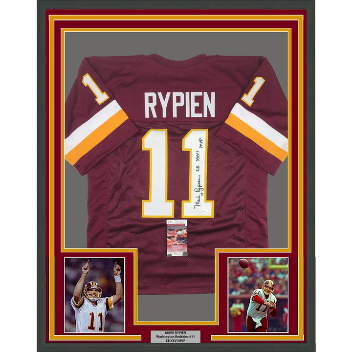 Framed Autographed/Signed Mark Rypien SB MVP 33x42 Washington Red Jersey JSA COA