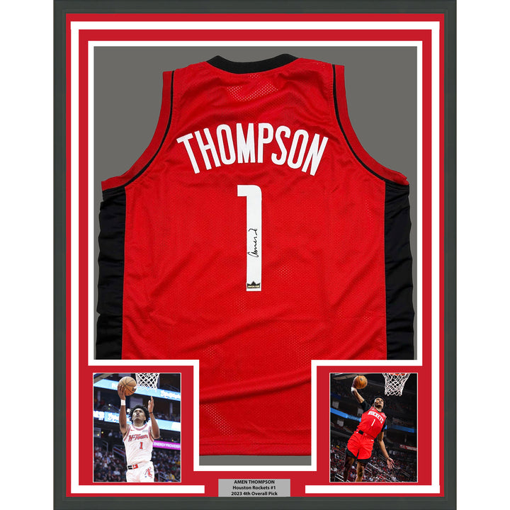 Framed Facsimile Autographed Amen Thompson 35x39 Houston Red Reprint Jersey