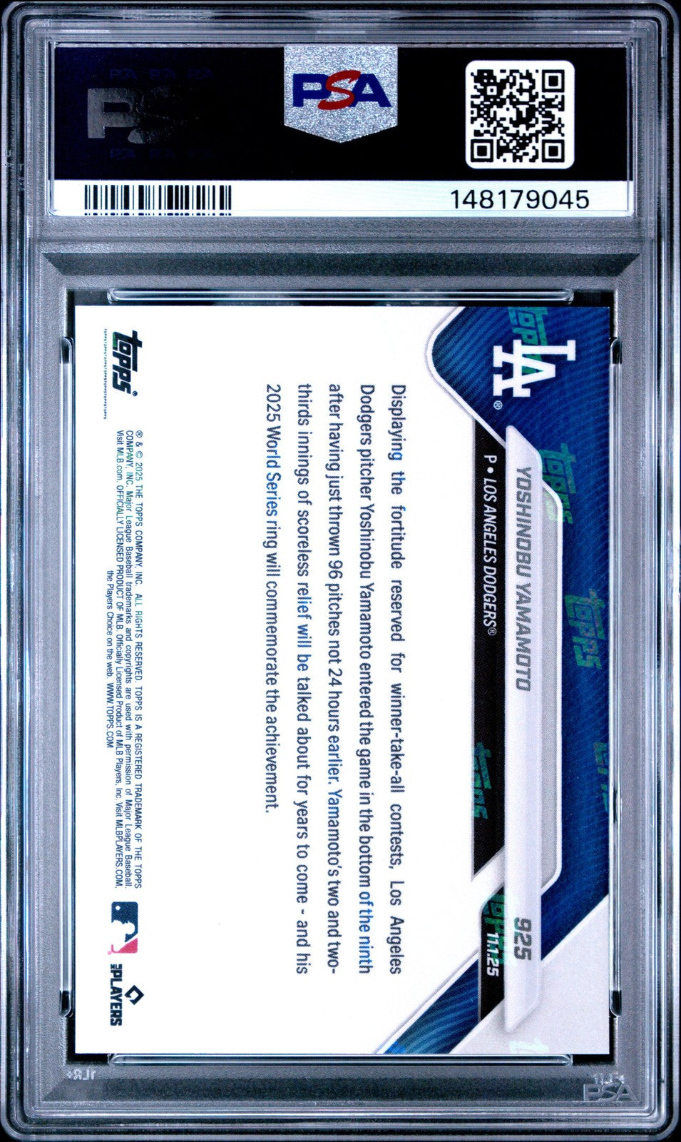 Graded 2025 Topps Now Yoshinobu Yamamoto #925 Baseball Card PSA 10 Gem Mint