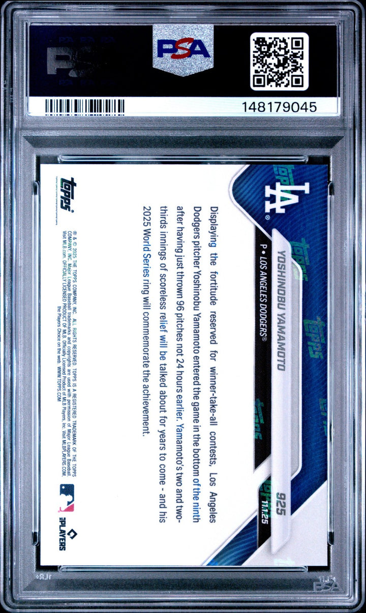 Graded 2025 Topps Now Yoshinobu Yamamoto #925 Baseball Card PSA 10 Gem Mint