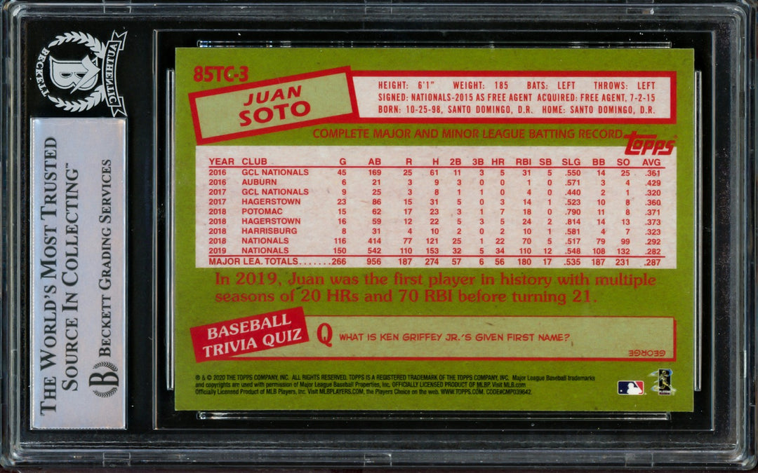 Juan Soto Auto Signed 2020 Topps Chrome Refractor 1985 Card 85TC-3 Mets Beckett