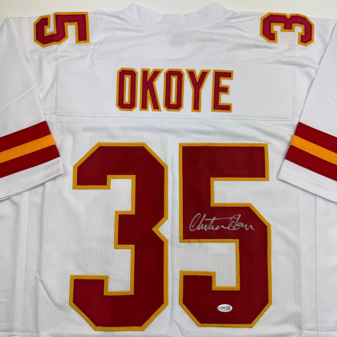 Autographed/Signed Christian Okoye Kansas City White Jersey JSA COA