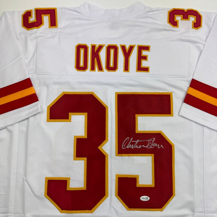 Autographed/Signed Christian Okoye Kansas City White Jersey JSA COA