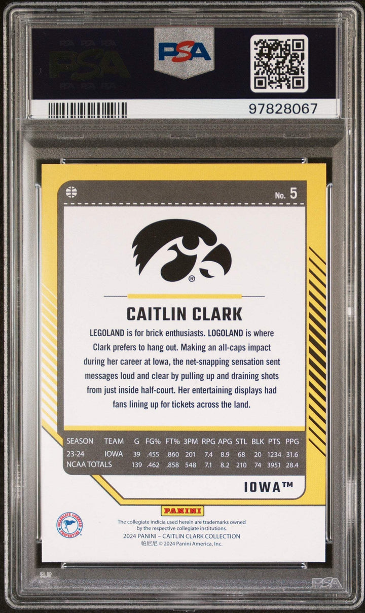 Graded 2024 Panini Coll Caitlin Clark #5 Donruss Panini Basketball Card PSA 10