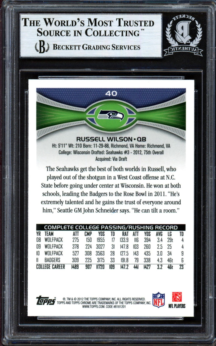 Russell Wilson Signed 2012 Topps Chrome RC 40 Seattle Seahawks Beckett #13447110