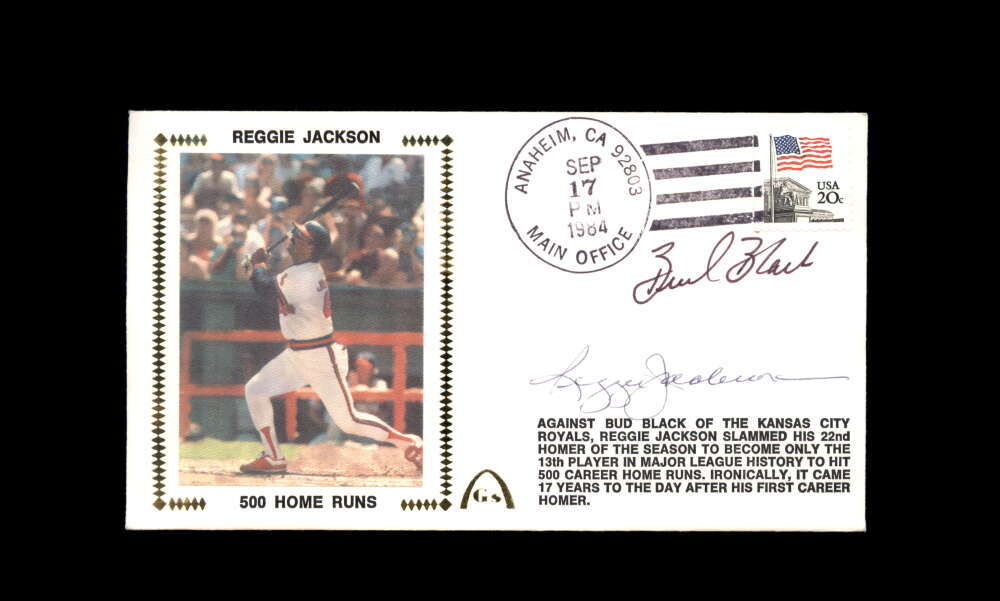 Reggie Jackson Bud Black JSA Signed FDC 1984 First Day Cover Cache 500 Home Runs