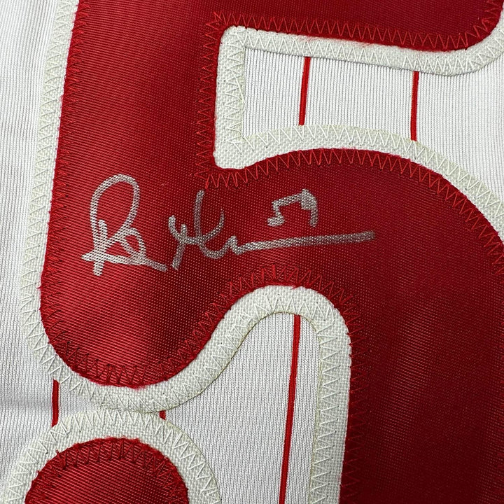 Framed Autographed/Signed Rob Thomson 33x42 Pinstripe Jersey Beckett COA