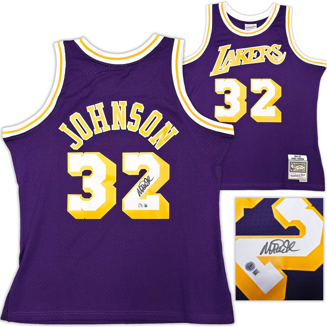 Lakers Magic Johnson Auto Purple Mitchell & Ness 1984 Swingman Jersey L Beckett