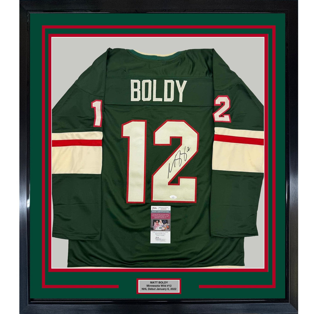 Framed Autographed/Signed Matt Boldy 35x39 Minnesota Green Jersey JSA COA