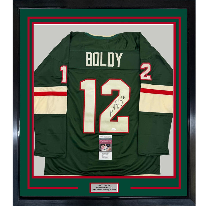 Framed Autographed/Signed Matt Boldy 35x39 Minnesota Green Jersey JSA COA