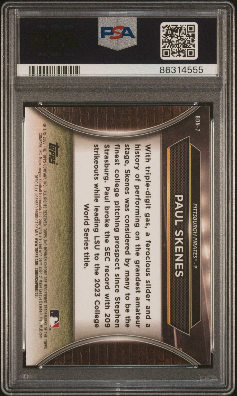 Graded 2023 Bowman Draft Paul Skenes #BDN7 Draft Night RC Baseball Card PSA 10
