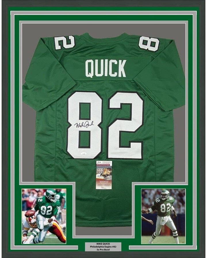 FRAMED Autographed/Signed MIKE QUICK 33x42 Kelly Green Football Jersey JSA COA