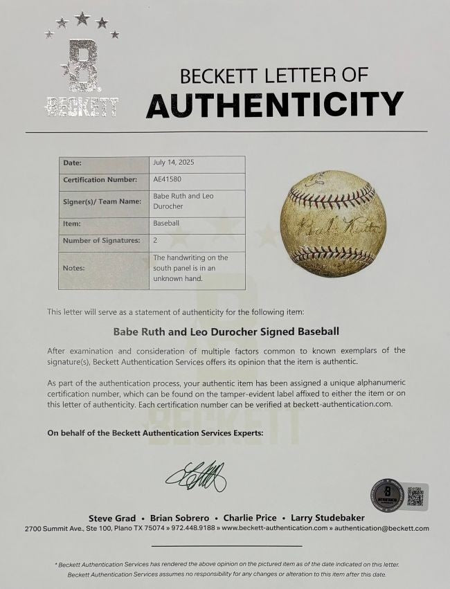 Babe Ruth & Durocher Signed Game Used 1928 Ruth Home Run Baseball PSA+BAS LOA