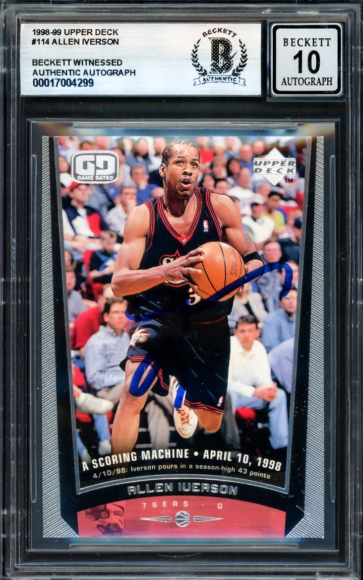 Allen Iverson Auto 1998-99 Upper Deck Card 114 76ers Sig 10 Beckett Wit 17004299