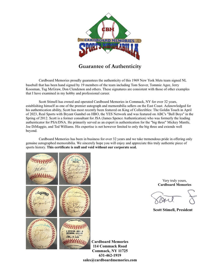 1969 Mets WS Team Signed NL Baseball Tom Seaver Tug McGraw Agee  19 Auto COA HOF
