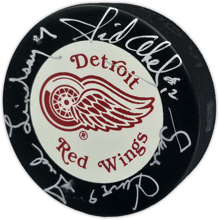 Gordie Howe, Sid Abel, & Ted Lindsay Red Wings Logo Puck Production Auto Beckett
