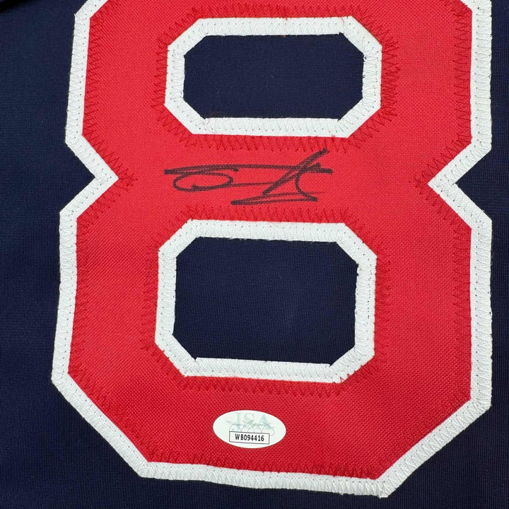 Framed Autographed/Signed Tanner Houck 35x39 Boston Blue Jersey JSA COA
