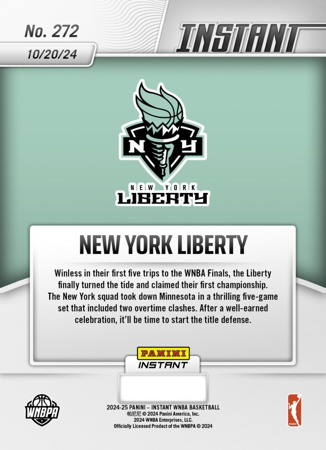 NY LIBERTY WIN 1st WNBA CHAMPIONSHIP TITLE PANINI INSTANT TEAM PHOTO CARD #272