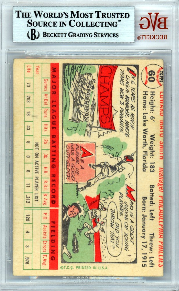 Mayo Smith Signed 1956 Topps Card 60 Philadelphia Phillies Beckett