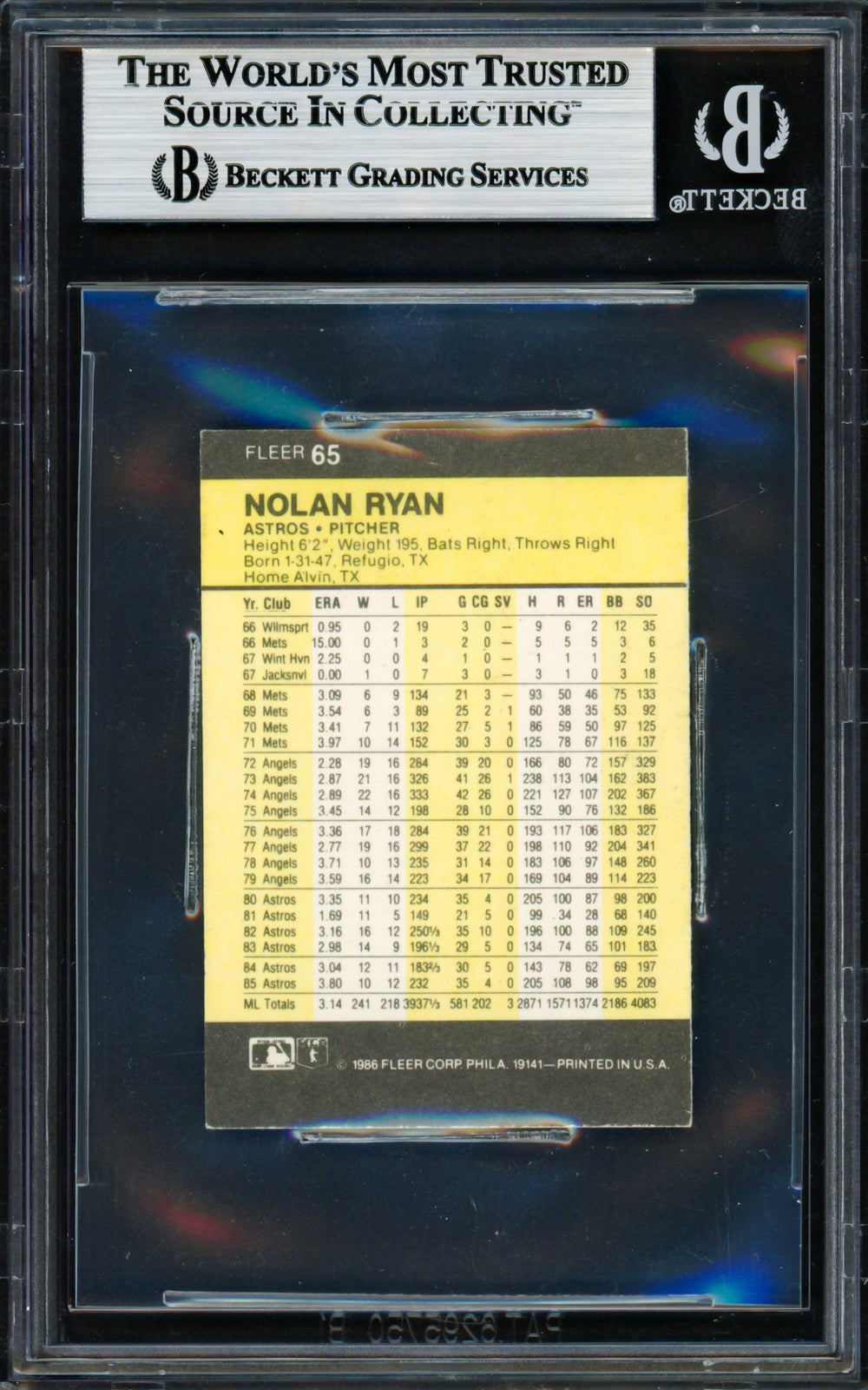 Nolan Ryan Signed 1986 Fleer Mini Card 65 Houston Astros Beckett #18629927