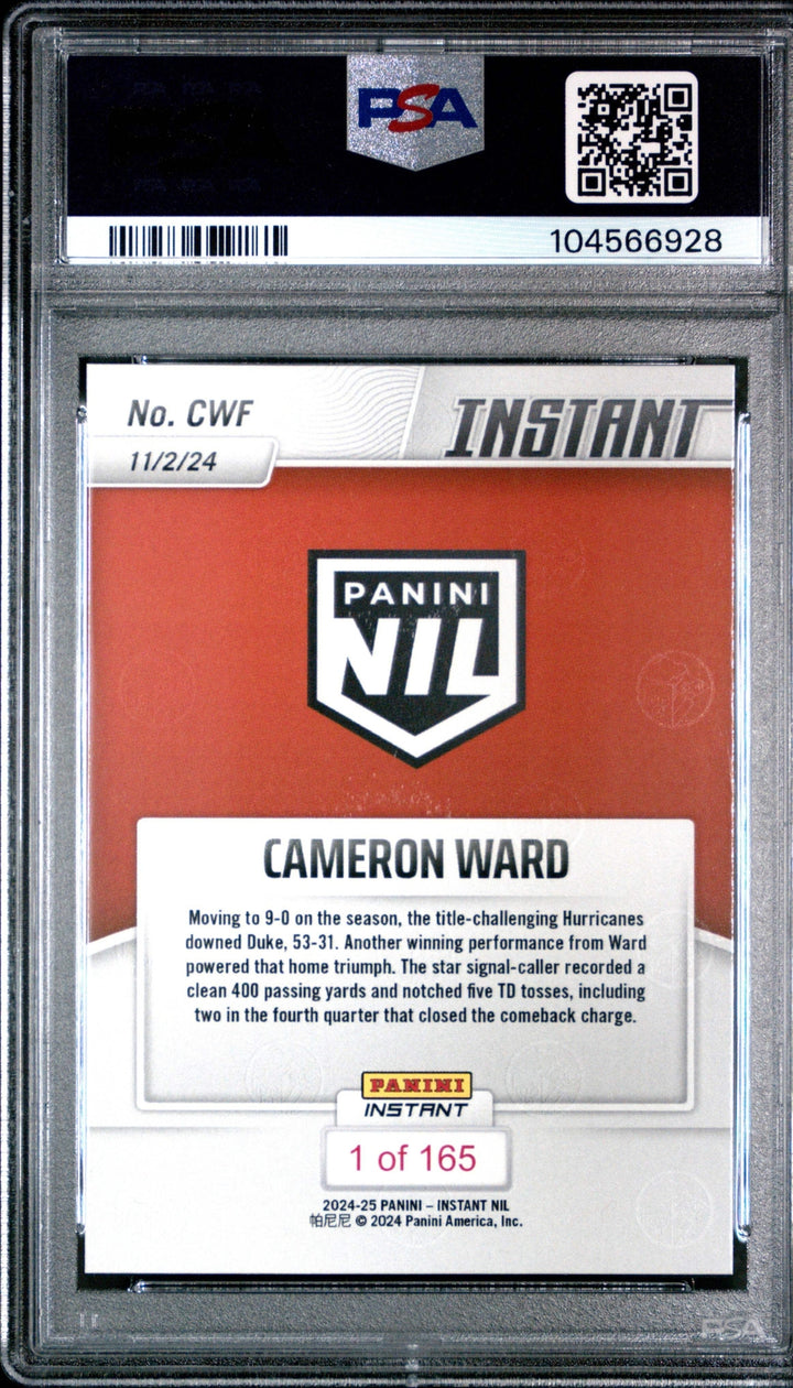 Graded 2024 Panini Instant NIL Cam Ward #CWF Rookie RC Football Card PSA 10