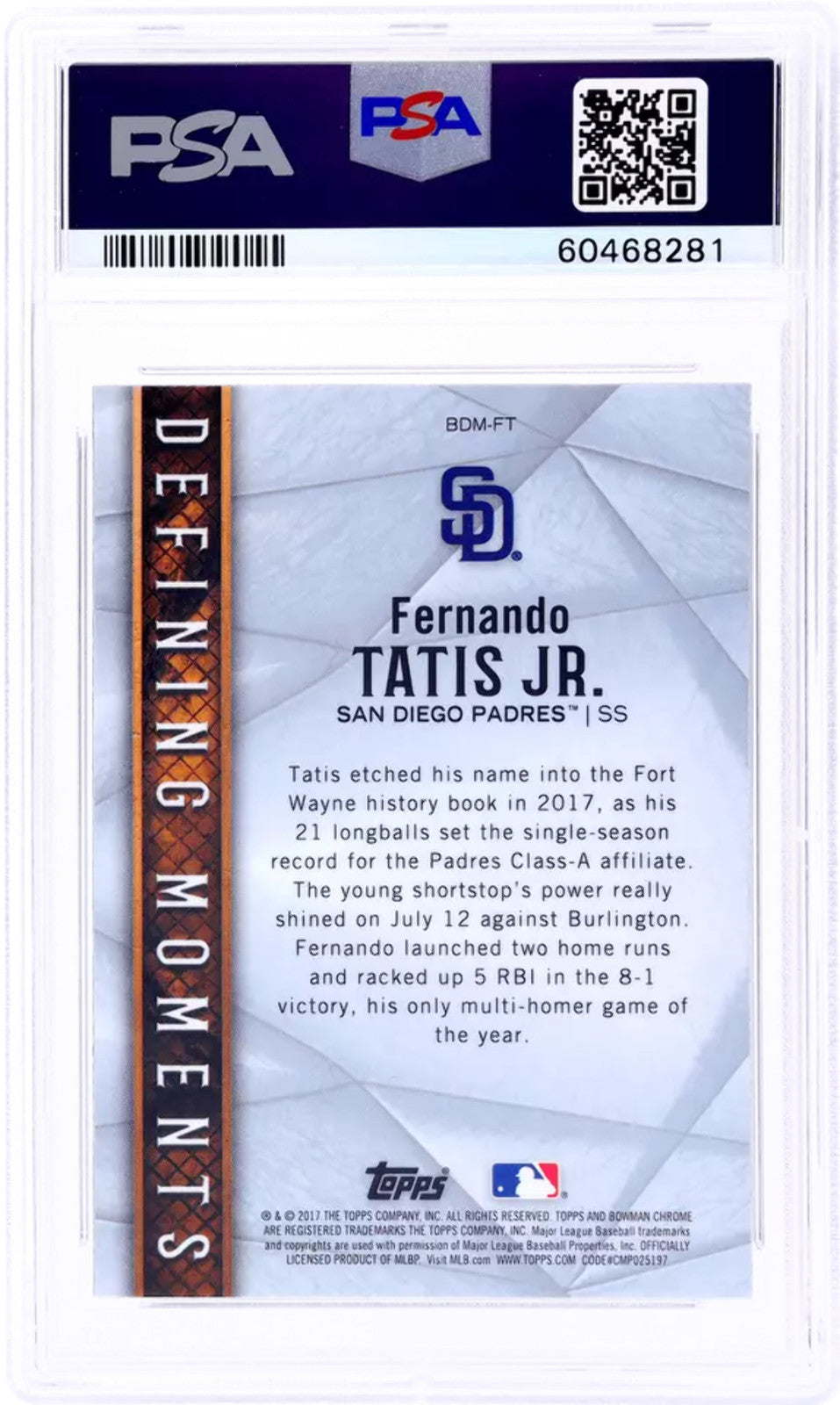 Graded 2017 Bowman Draft Fernando Tatis Jr. #BDMFT Moments Baseball Card PSA 10
