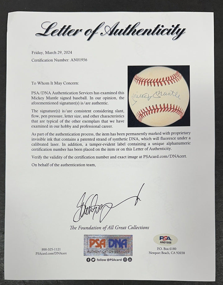 Mickey Mantle Signed Official AL Baseball NY Yankees Bold Auto PSA LOA HOF mvp