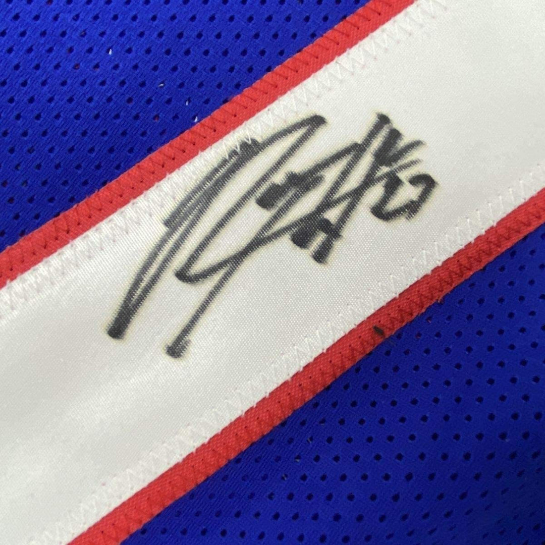 FRAMED Autographed/Signed RODNEY HAMPTON 33x42 New York Blue Jersey JSA COA Auto