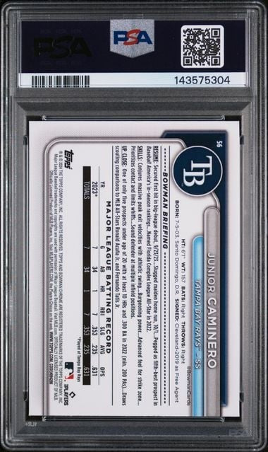 Graded 2024 Topps Bowman Chrome Mega Box Junior Caminero #56 RC PSA 10
