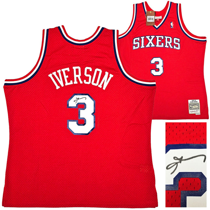 76ers Allen Iverson Auto Red Auth Mitchell Ness 02-03 HWC Swingman Jersey 2X BAS