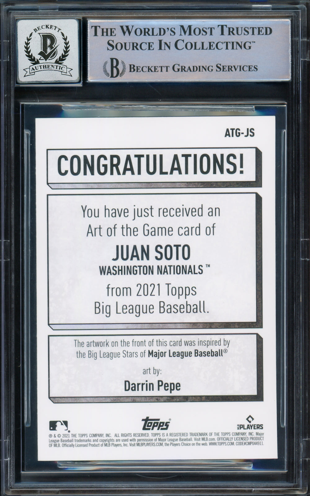 Juan Soto Auto 2021 Topps Big League Card ATG-JS Mets Sig 10 Beckett #16544552