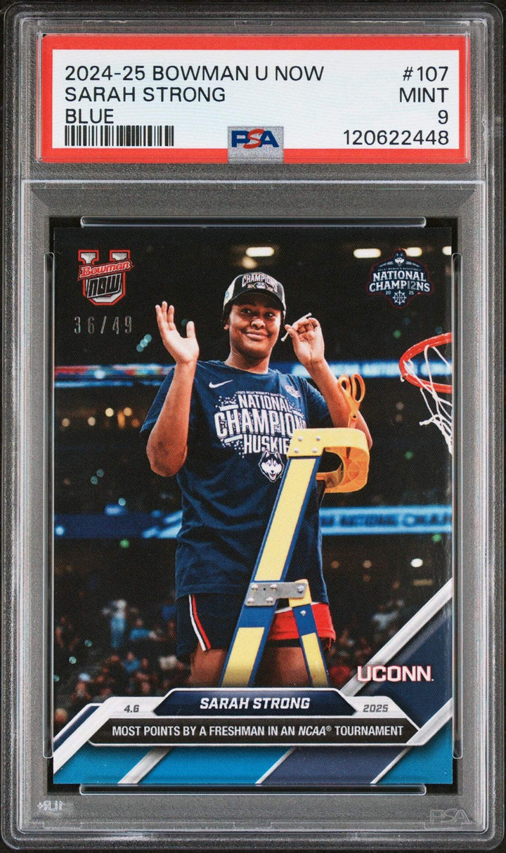 Graded 2024 Bowman U Now Sarah Strong #107 Blue /49 RC Basketball Card PSA 9