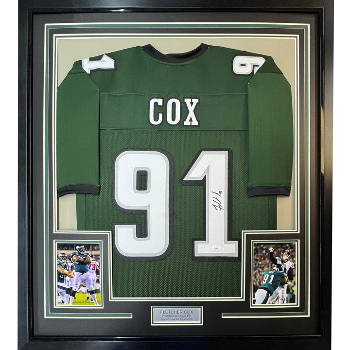 FRAMED Autographed/Signed FLETCHER COX 33x42 Philadelphia Green Jersey JSA COA