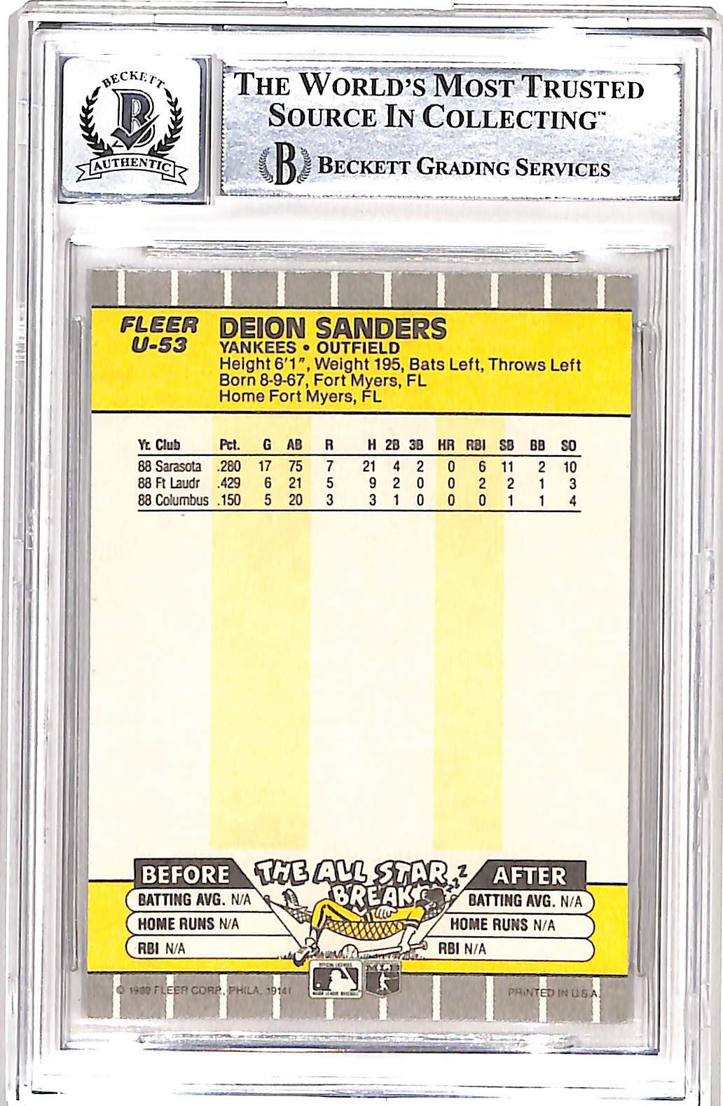 Deion Sanders Signed 1989 Fleer #U-53 Trading Card 10 Auto Beckett 42653