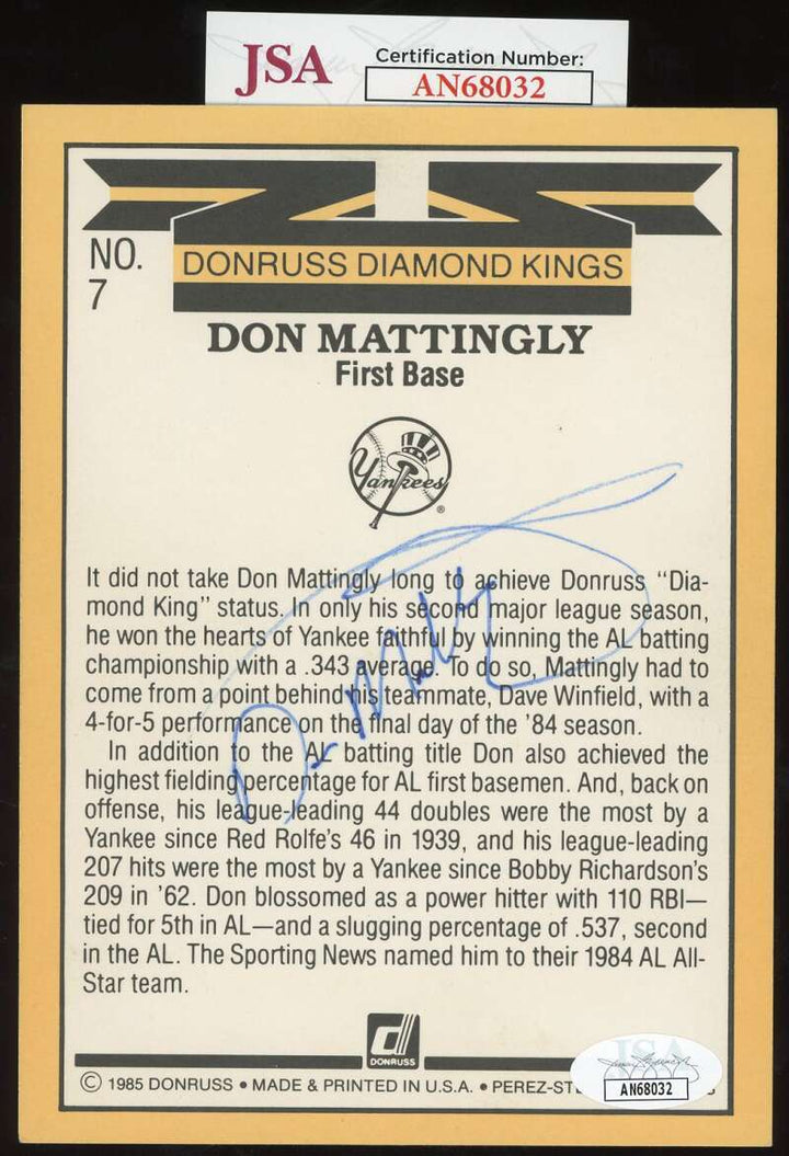 Don Mattingly JSA Coa Signed 1985 Donruss Diamond King Super Autograph
