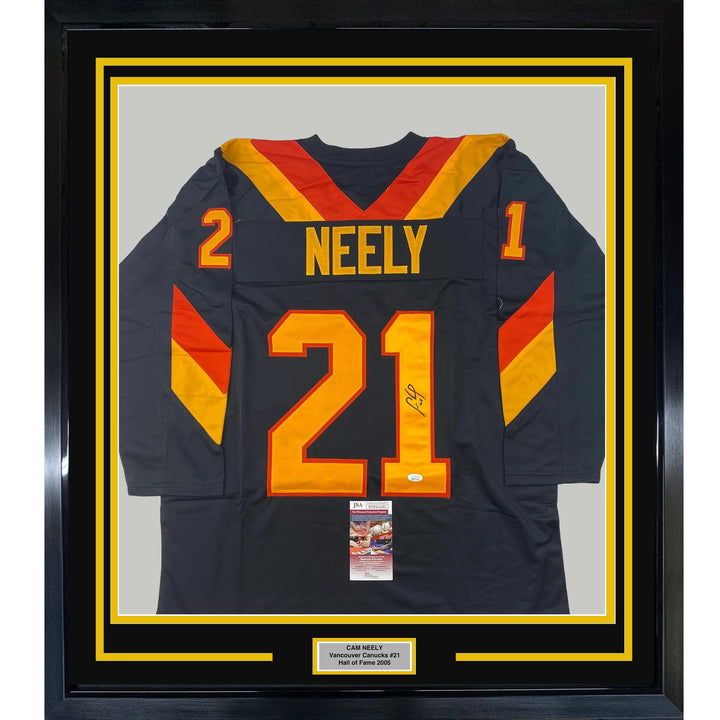Framed Autographed/Signed Cam Neely 33x42 Vancouver Black Hockey Jersey JSA COA