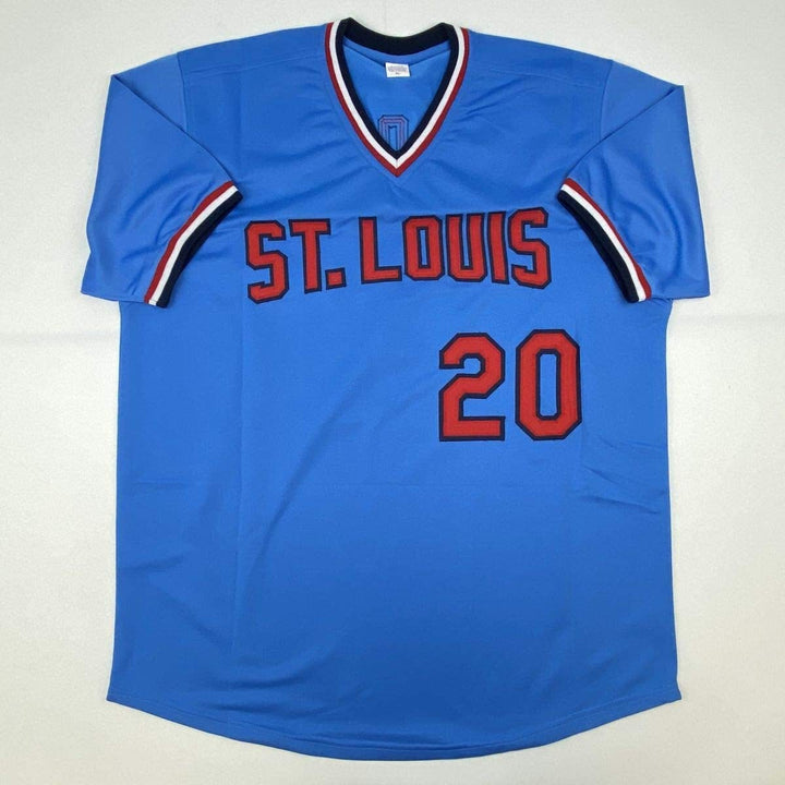 Autographed/Signed LOU BROCK St. Louis Blue Baseball Jersey JSA COA Auto