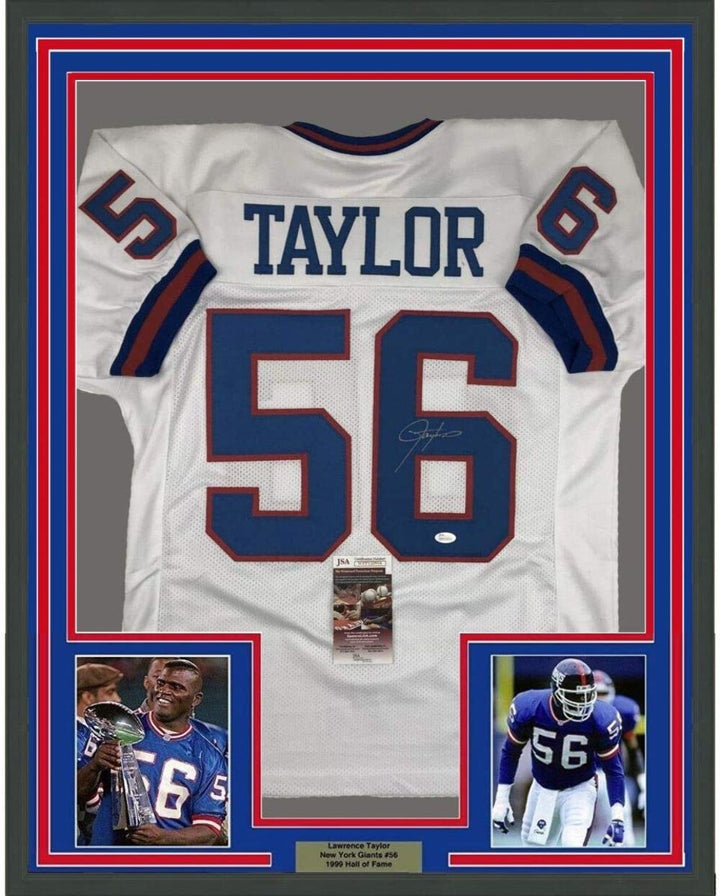 FRAMED Autographed/Signed LAWRENCE TAYLOR 33x42 New York White Jersey JSA COA