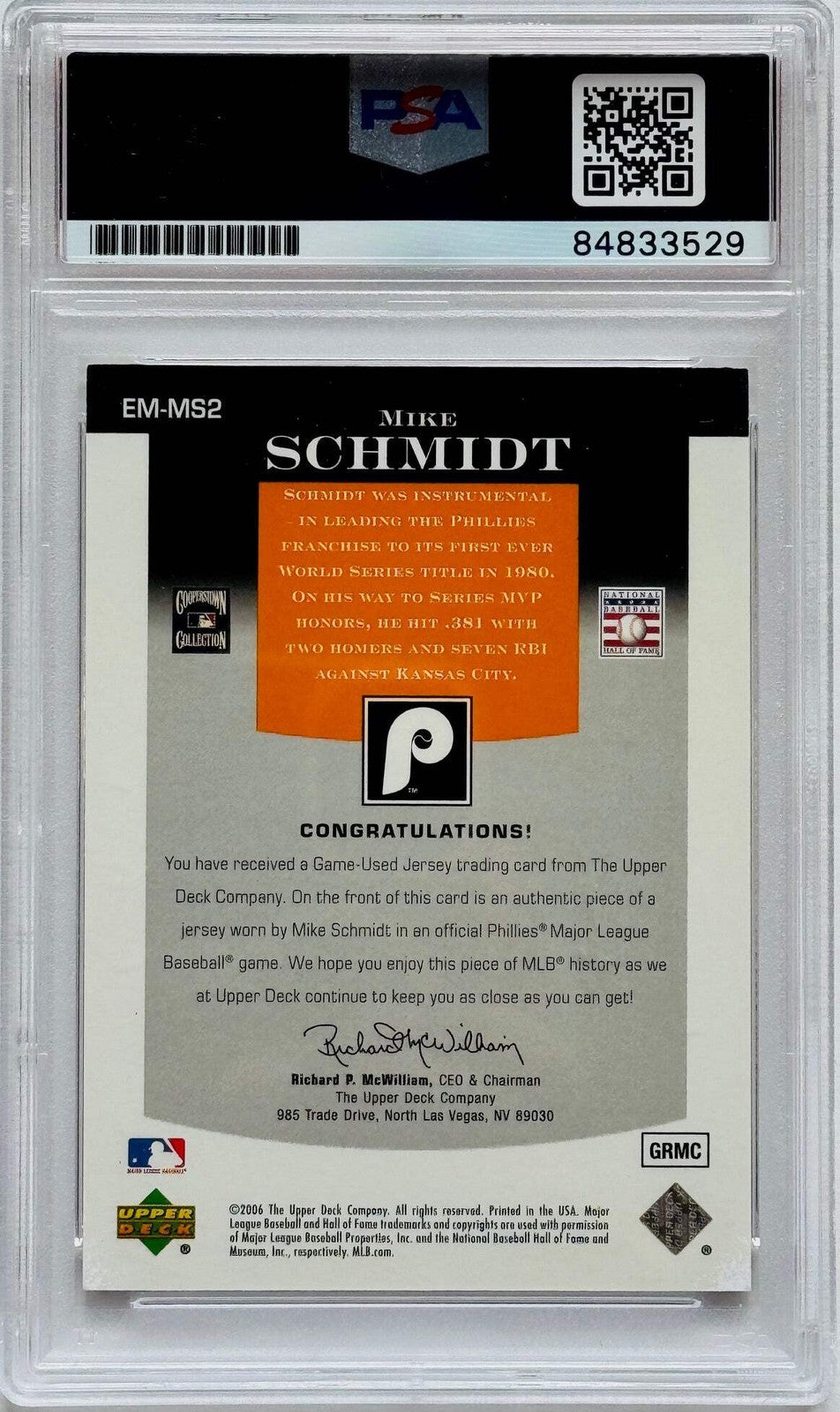 Mike Schmidt 2006 Autographed Upper Deck Epic Materials Jersey Card #75/185 (PSA