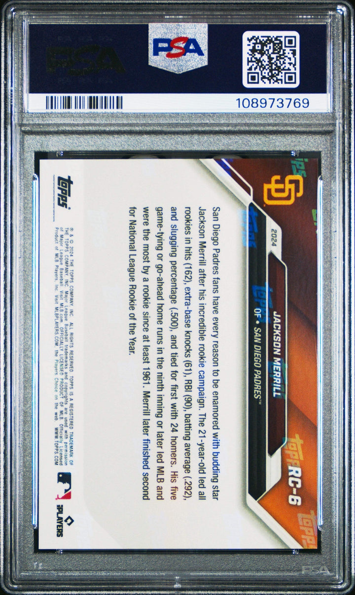 Graded 2024 Topps Now Jackson Merrill #RC6 Black /99 Rookie Baseball Card PSA 10