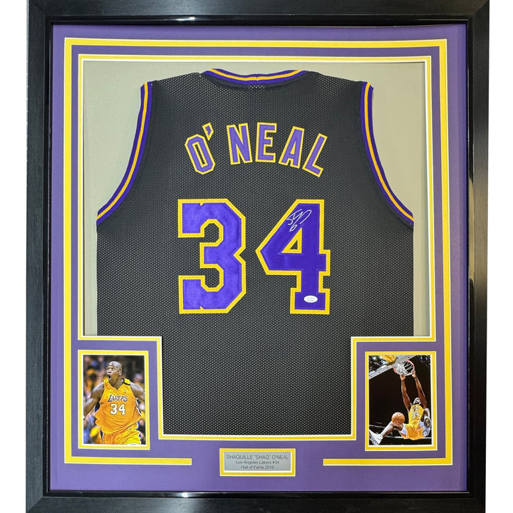 FRAMED Signed SHAQUILLE SHAQ O'NEAL 35x39 LA Black Jersey JSA COA