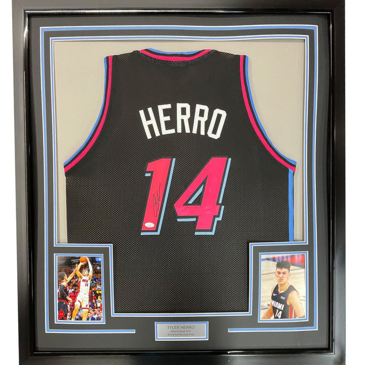 Framed Autographed/Signed Tyler Herro 33x42 Black Vice City Jersey JSA COA
