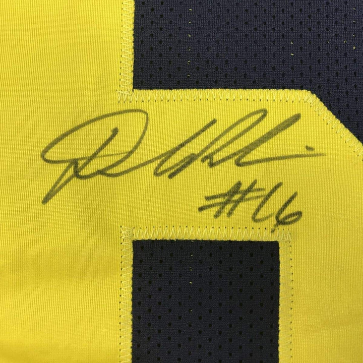 Framed Autographed/Signed Denard Robinson 35x39 Michigan Blue Jersey JSA COA