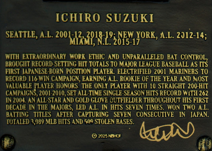 Ichiro Suzuki Signed Replica HOF Plaque Seattle Mariners IS Holo & Beckett Wit