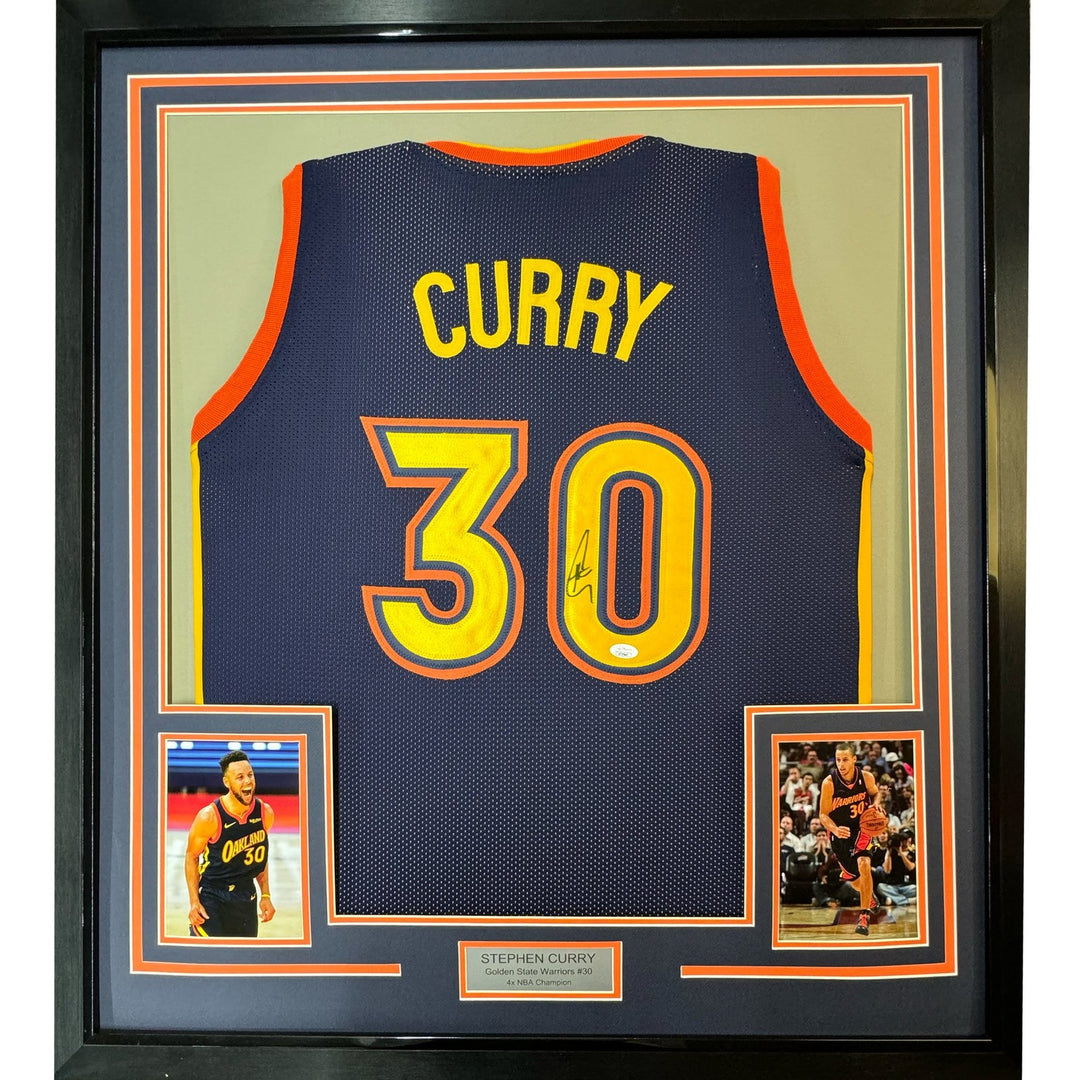 Framed Signed Stephen Steph Curry 35x39 Navy Retro Jersey JSA COA