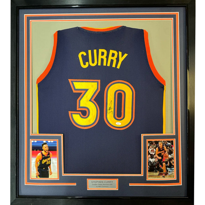 Framed Signed Stephen Steph Curry 35x39 Navy Retro Jersey JSA COA