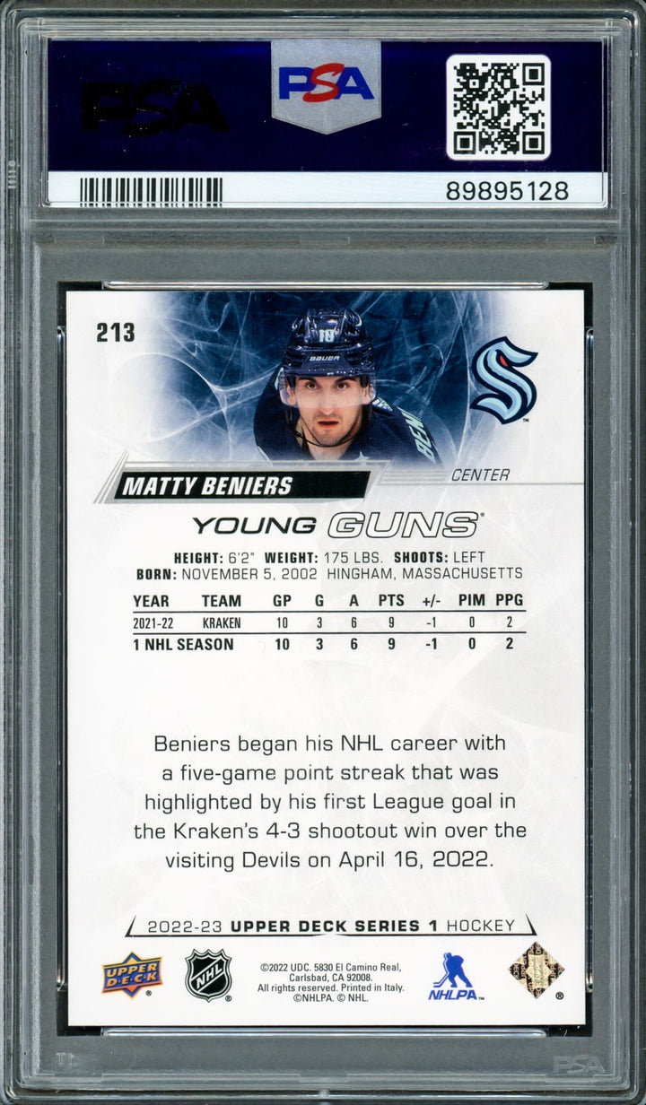 Matty Beniers Signed 2022 Upper Deck Young Guns RC 213 PSA 10 Sig 10 PSA/DNA